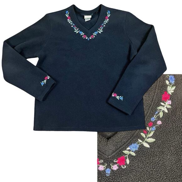 Vtg LL Bean Fleece Polartec Sz M Floral Embroidered Black Cottagecore Y2K 90s - Picture 1 of 16